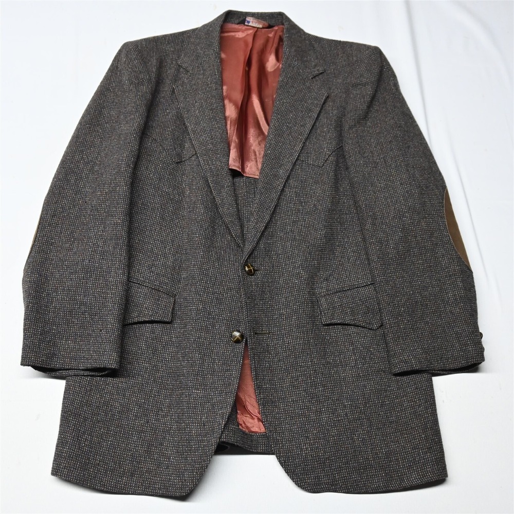 Vtg‎ USA Made 44L Brown Tweed Western Yoke Rodeo USA Made Blazer Jacket Coat